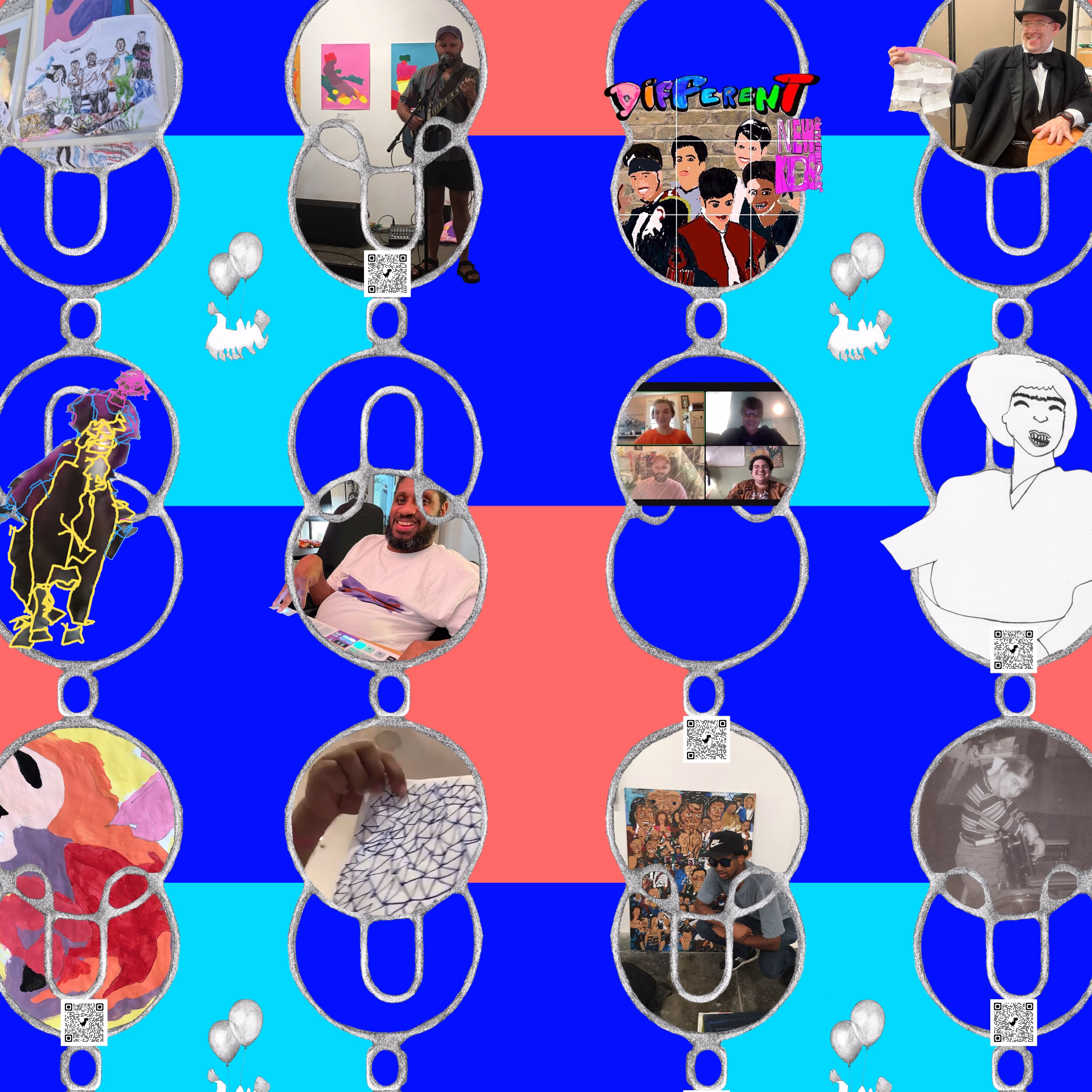 A detail of a digital rendering of a motif from the Undue Burden fabric archive installation. Four columns of interlocked hand-drawn, graphite hook and loop jewelry clasps float on a royal blue, turquoise, and orange checked background. A hand-drawn, graphite, biomorphic shape attached to two balloons floats in the middle of each turquoise check. Each hook and loop clasp contains an image from the Undue Burden archive. Three of the photos have QR codes to audio descriptions in the Undue Burden digital archive.