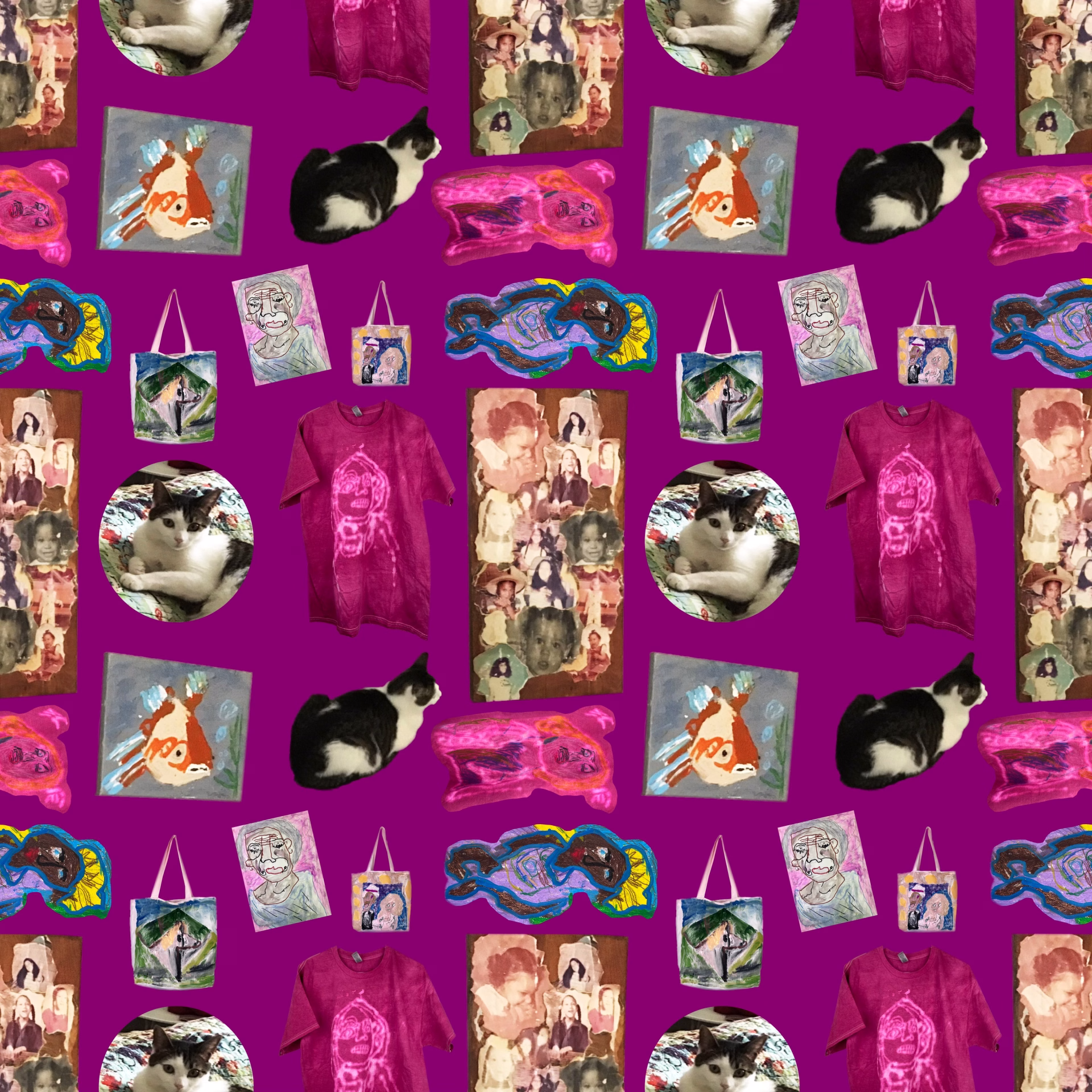 A picture of a collage of various artworks by Vinetta Miller. The background is purple. From top left: an orange and white fish with white and blue on its fins. The fish is blowing blue bubbles. Next to the drawing of the fish is a photograph of Vinetta’s black and white cat, Benjamin, seen here from behind as he relaxes in the “loaf” position. Next to the cat is a piece of art that looks like a person on their side, with pink skin, purple pants, and orange hair. In the next row of art, directly underneath is a Black person with yellow hair, blue eyes, red lips, and light purple clothing. To the right is a photograph of a tote bag with a diamond-shaped image in abstract green and blue coloring. Next to that is a portrait of a person with brown skin and grey hair and clothing on a pink background. The final piece in this row is a tiny picture of a tote bag with yellow dots around a painting of two people dressed in semi-formal attire. In the final row of the collage is another picture of Benjamin, Vinetta’s cat, this time from the front. Next to Benjamin is a cranberry-colored shirt with a drawing of a person’s head and hair in a type of bleached white. Finally, in the center of the picture is a bunch of baby photos of Vinetta, in sepia-tone, black and white, and color.