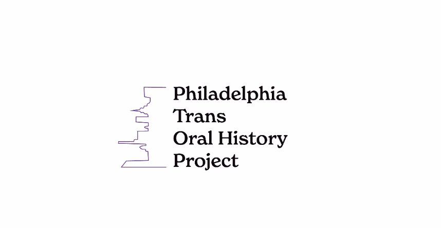 Text reads Philadelphia Trans Oral History Project. Vertical and to the left of the text is a purple outline that resembles both the skyline of Philadelphia and soundwaves.